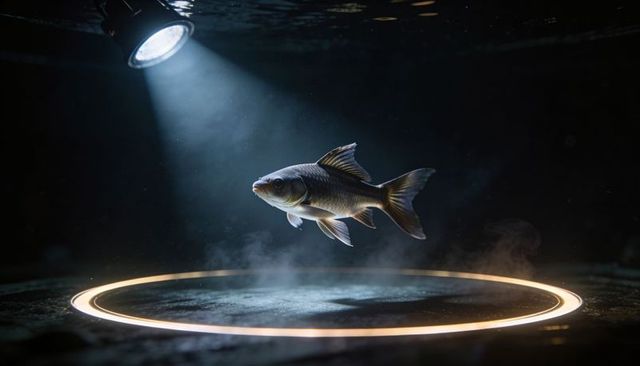 Hovering carp floating above glowing ring spotlight illuminating dramatic aquatic scene