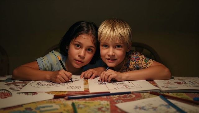 Two siblings drawing together at home table under warm light creating cozy art moment