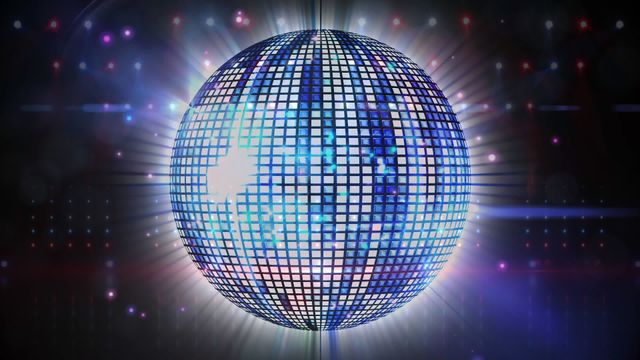 Image of a vibrant blue disco ball casting colorful lights in all directions against a black backdrop. Perfect for themes related to parties, events, dance floors, and celebrations. Used in event planning, party invitations, and nightlife promotions.