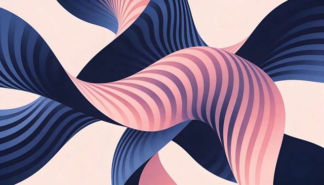 Abstract twisting ribbon loops in navy and pink striped waves conveying motion and depth