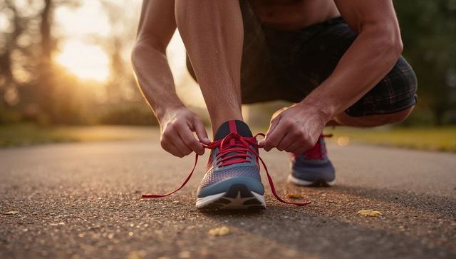 Runner tying shoes at golden hour on park trail preparing for morning run