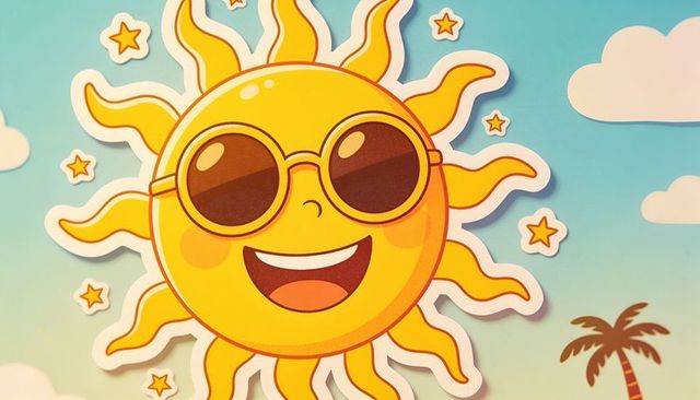 Smiling sun with sunglasses sticker art — vibrant tropical summer cartoon sunburst playful mascot