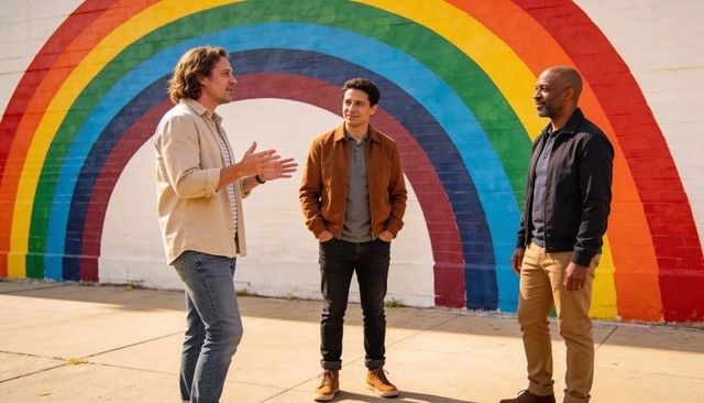 Three men talking and listening by rainbow mural on sunny sidewalk, casual jackets and boots