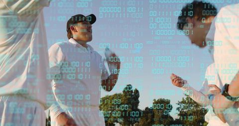 Cricket team huddling with binary code overlay representing sports data analytics