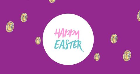 Happy Easter Greeting with Patterned Eggs on Purple Background