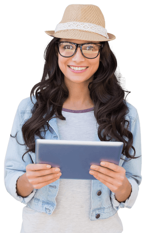 Smiling Woman with Tablet and Hat on Transparent Background