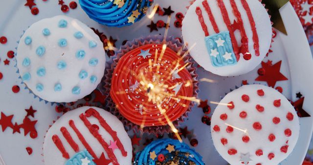 Festive patriotic cupcakes decorated with red, white, and blue frosting for American celebrations. Perfect for Independence Day events, USA-themed parties, or Fourth of July gatherings. Ideal for adverts related to American holidays, party planning, or bakery showcases.