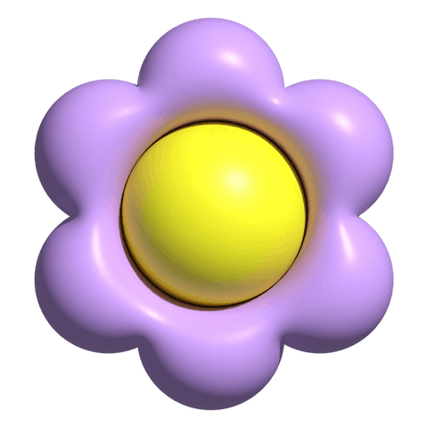 Transparent floating toy flower with lilac petals and glossy yellow center