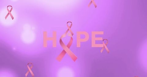 Breast Cancer Awareness Message with Pink Ribbons on Purple Background