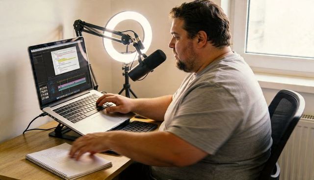 Male podcaster recording and editing at home desk with ring light and boom microphone