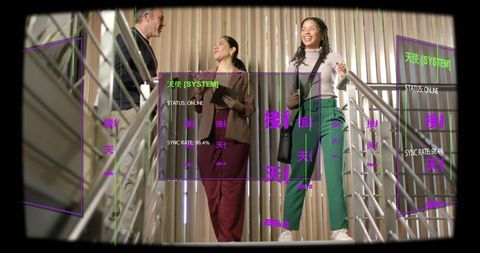 Discussing business team on staircase holding tablet with augmented reality collaboration overlays