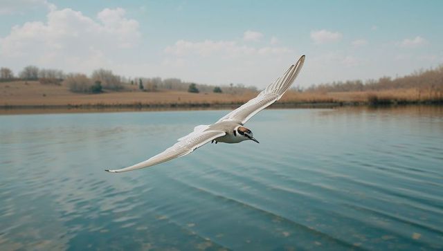 Graceful Tern Skimming Serene Lake on a Clear Day