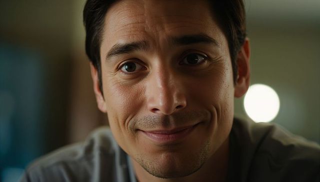 Smiling man looking at camera wearing grey crew-neck shirt closeup portrait soft bokeh