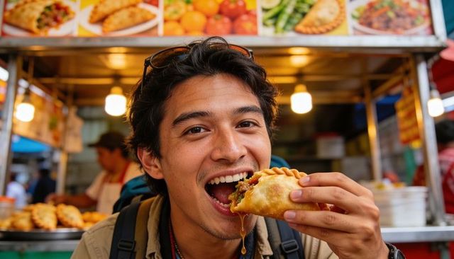 Young man biting into juicy empanada at busy street food stall, enjoying local snack