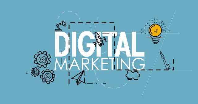 Creative digital marketing illustration features abstract icons like rockets, light bulbs, and gears against blue background. Suitable for use in digital marketing presentations, websites, and social media posts to convey concepts of innovation, technology, and modern business strategies.