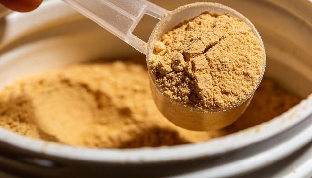 Macro scoop lifting beige protein supplement powder from tub, granular texture close-up
