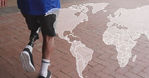 Person with Prosthetic Leg Running Overlaid with World Map