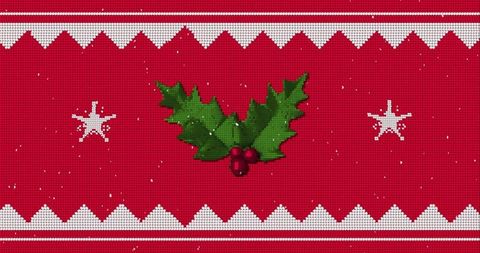 Pixelated holly sprig on red knit pattern with white zigzag bands and snowflake stars