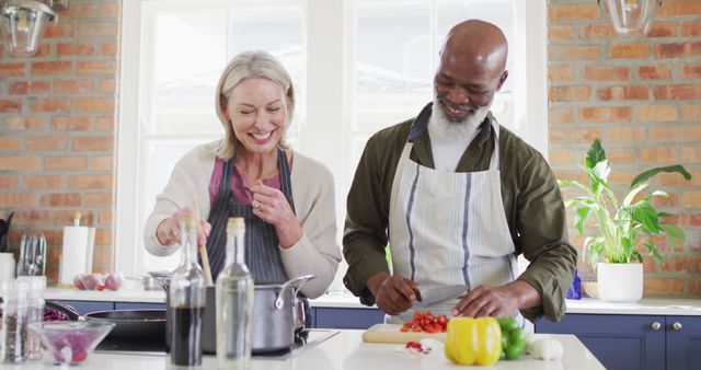 This image shows a biracial senior couple happily cooking together in their kitchen, enjoying their retirement life. The scene likely emphasizes themes of companionship, love, and joy in daily activities. Useful for illustrating articles or content on senior living, healthy lifestyles, retirement, relationships, or multicultural communities. Suitable for both commercial and editorial purposes.