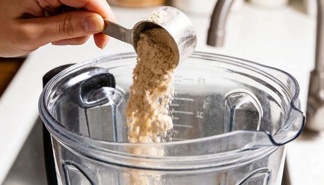 Pouring whole grain flour into clear blender pitcher with measuring cup for smoothie or baking