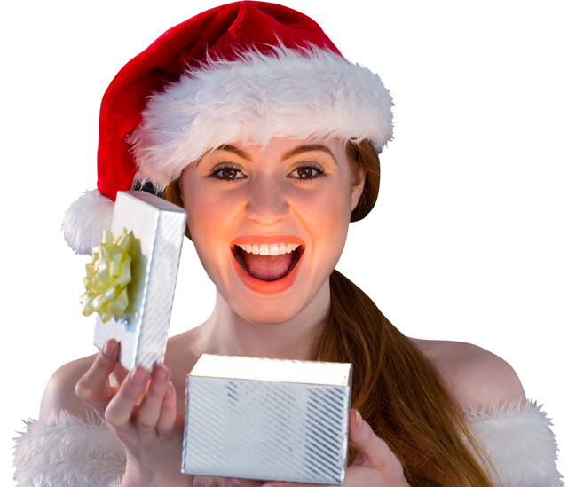 Excited Woman in Santa Hat Opening Gift with Joyous Expression Transparent Background - Download Free Stock Videos Pikwizard.com