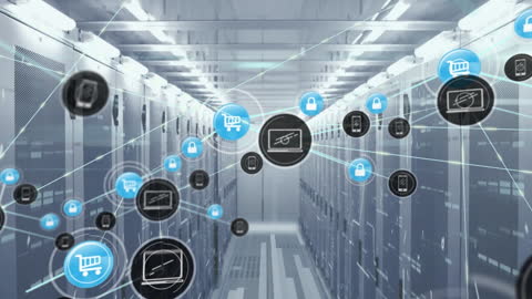 Interconnected Network Icons over Server Room Illustration