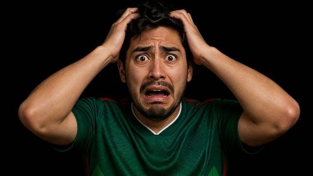 Man grasping hair in shock wearing green jersey, dramatic closeup portrait