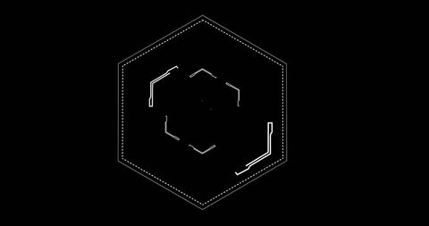 White geometry hexagon with line patterns on black background
