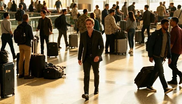 Businessman walking through busy airport concourse with rolling suitcases and briefcase