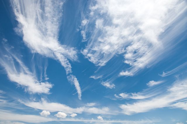 A beautiful scene of thin, wispy clouds scattered across a vibrant blue sky. Great for use in backgrounds for designs or presentations, weather reports, relaxation and meditation themes, and environmental campaigns. The serene and airy feel of the sky allows for versatile use across different media.