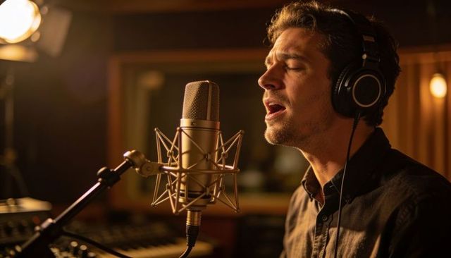 Male vocalist singing and recording with condenser microphone in warm studio