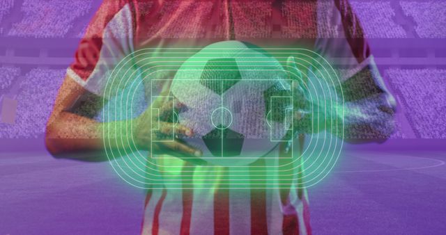 Digital Football Player Holding Ball with Futuristic Overlay in Stadium - Download Free Stock Images Pikwizard.com