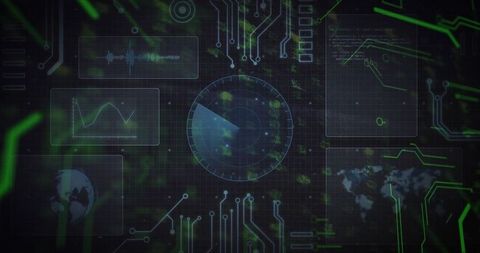 Futuristic Digital Interface with Circular Radar and Neon Data Panels