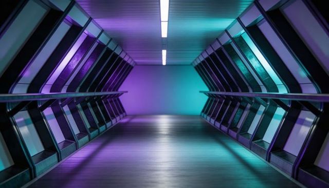 Futuristic Neon Corridor With Symmetrical LED Panels, Glossy Floor and Sci-Fi Handrails