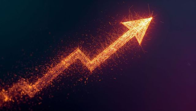 Rising neon arrow showing business growth and digital success with spark trail