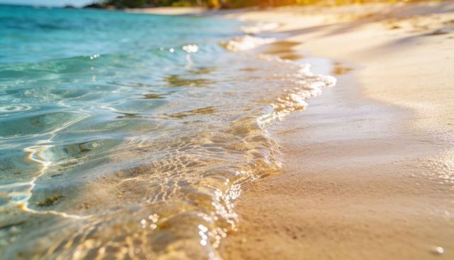 Sunlight glinting on turquoise shoreline with gentle wave lapping golden sand, rippling caustics