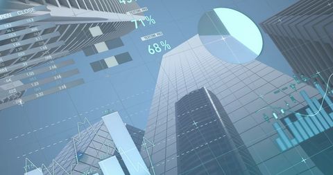 Financial Data Overlay on Modern Corporate Skyscrapers - Download Free Stock Images Pikwizard.com