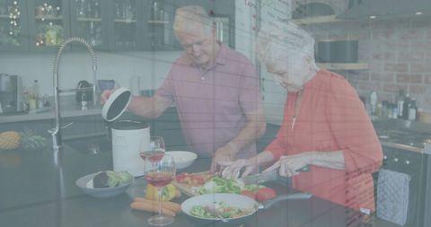 Senior Couple Enjoying Cooking Together with Data Overlay