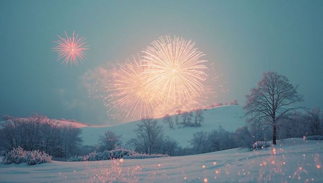 Brilliant Burst of Fireworks Over Snowy Winter Landscape