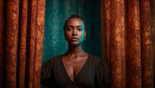 Standing woman wearing V-neck dress and gold earrings between rust curtains and teal damask