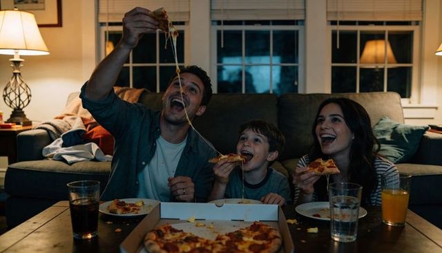 Family enjoying movie-night pizza with stretchy cheese in warm evening living room glow