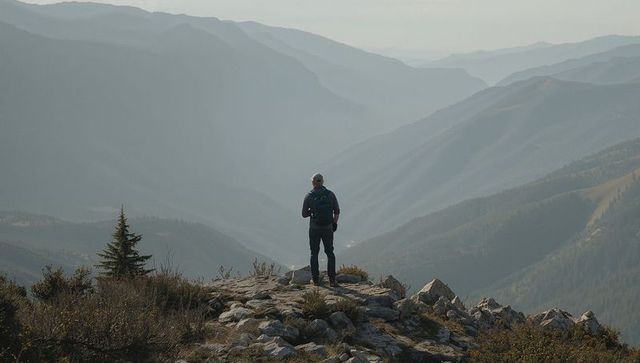Standing solo hiker surveying misty alpine valley from rocky ridge with backpack