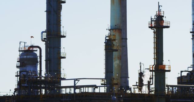 Image showing industrial infrastructure with prominent refinery towers and interconnected pipes on a clear day. This can be used for corporate, industrial materials highlighting manufacturing operations, energy production, or infrastructure projects.