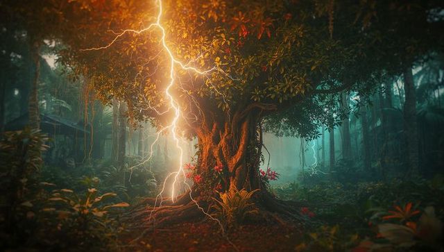 Dramatic Lightning Strikes Enchanted Jungle Tree