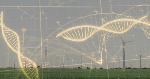 Biotech Meets Wind Energy: Glowing DNA Helix Overlay Over Rural Wind Farm and Cropland