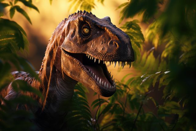 Velociraptor walking through dense jungle foliage during sunset, with light casting dramatic shadows on its scales. Perfect for use in paleontology exhibits, educational publications, adventure stories, or thrilling prehistoric artwork.