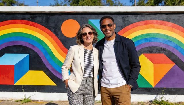 Smiling couple wearing sunglasses posing by rainbow mural on colorful urban wall, lifestyle portrait