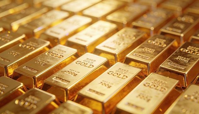 Glistening gold bars reflecting warm light in vault, stacked rows of bullion ingots