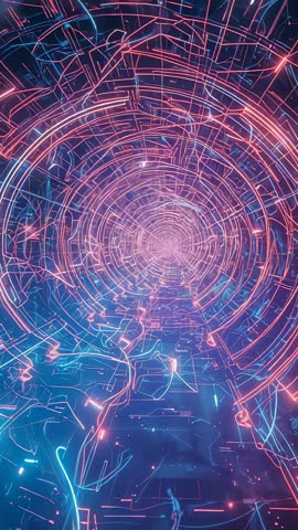 Neon Ring Tunnel Surging Toward Core VR Corridor Vertical Loop for Motion Graphics