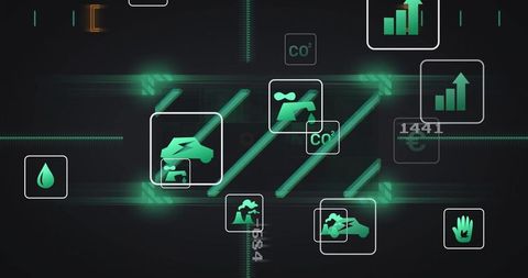 Futuristic Digital Dashboard with Environmental Icons and Analytics